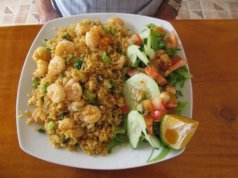 Typical shrimp plate in Costa Rican sodas.